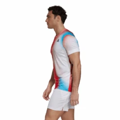 Adidas Men's Melbourne FreeLift Printed Top (White/Vivid Red/Black) -Sports Gear Shop H67126 APP on model side white