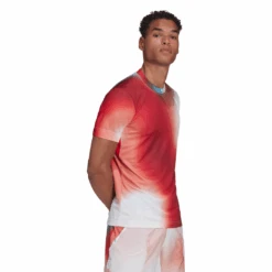Adidas Men's Melbourne FreeLift Printed Top (White/Vivid Red/Black) -Sports Gear Shop H67126 APP on model walking white